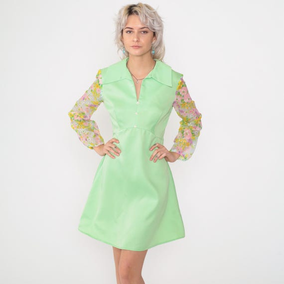 70s Babydoll Mini Dress Vintage Mint Green Sheer Floral Sleeve Mod Mini V Neck Boho High Waist Bohemian 1970s Collared Long sleeve Small S