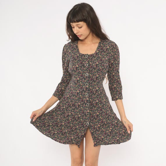 90s Floral Mini Dress Button Front Navy Rose Print Three Quarter Sleeve Fitted Waist Skirt Tie Back Prairie Cottagecore Vintage Medium M