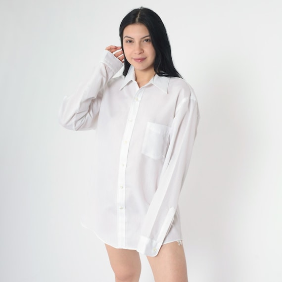 Vintage White Striped Shirt 80s Sheer Button Up Shirt Long Sleeve 1980s Casual Chest Pocket Office Shirt Perma Prest Men's Large L