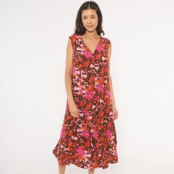 Y2K Tropical Floral Midi Dress 2000s Brown Pink Orange Button Front Sleeveless V Neck Rayon Summer Vacation Beach Festival Plus Size 14W