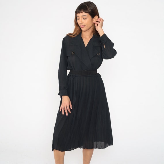 Black Wrap Dress 90s Pleated Midi Dress Surplice V Neck High Waist Belted Long Sleeve Military Inspired Plain Retro Vintage 1990s Medium 8