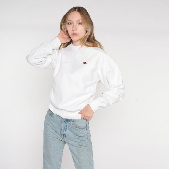White Champion Sweatshirt Y2K Plain Crewneck Pullover Sports Streetwear Basic Long Sleeve Shirt Lounge Sweater Vintage 00s Extra Small xs