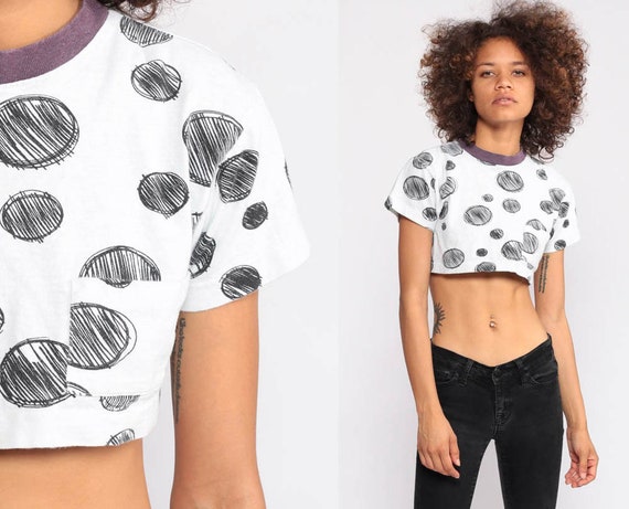 Polka Dot TShirt Crop Top 80s T Shirt Cropped Shirt Ringer Tee Hipster 90s Retro Tee White Black Vintage Short Sleeve Extra Small xs