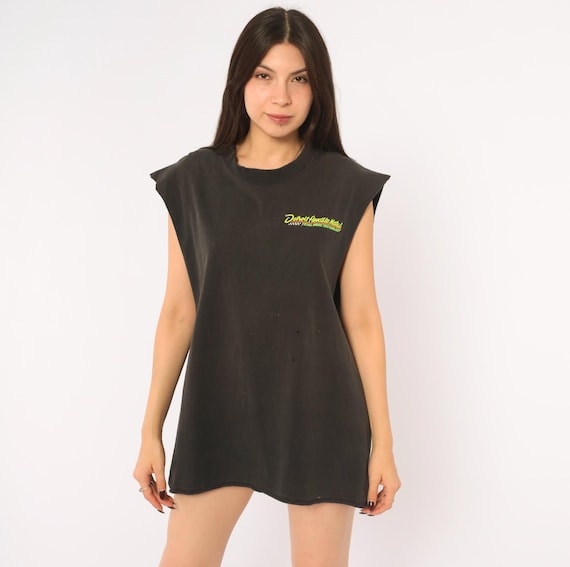 90s Cut Off Muscle Tee Black Faded Cotton Sleeveless Embroidered Neon Green Grunge Tank Top Distressed Boxy Workwear Shirt Unisex Large L