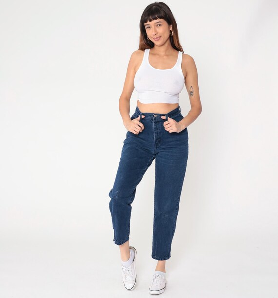 90s Mom Jeans High Waisted Sasson Dark Blue Navy Cotton Denim Tapered Leg Vintage Cropped Ankle Length Button Fly Size 29 Classic Medium M