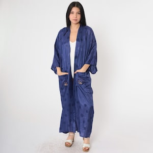 Vintage Asian Kimono Robe Embroidered Japanese Village Maxi Dressing Gown Dark Blue 80s Embossed Bohemian Wrap Boho Hippie Extra Large xl