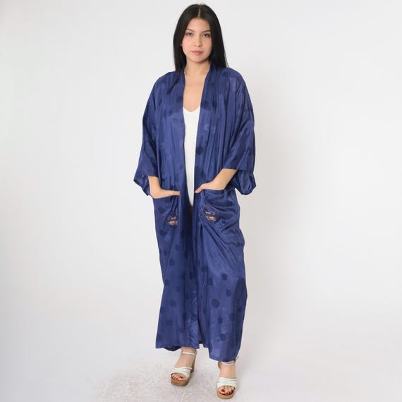 Vintage Asian Kimono Robe Embroidered Japanese Village Maxi Dressing Gown Dark Blue 80s Embossed Bohemian Wrap Boho Hippie Extra Large xl