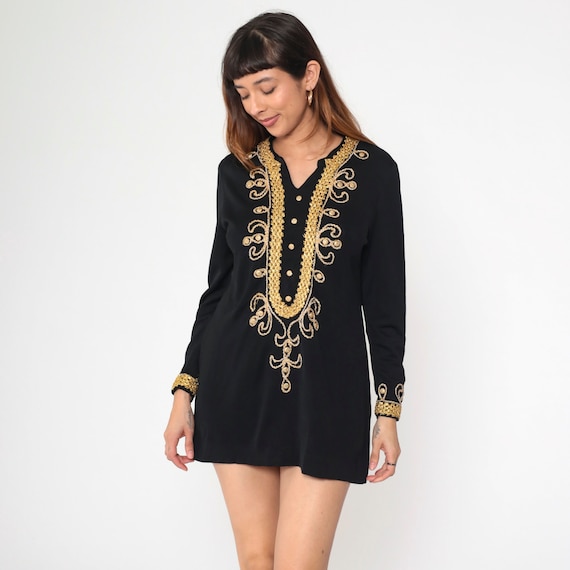 70s Tunic Dress Black Metallic Gold Braiding Mod Micro Mini Boho Shift Long Hippie Vintage 1970s Party Evening Bohemian Twiggy Medium