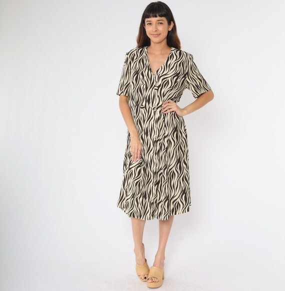 Vintage 80s Zebra Print Midi Dress Brown Cream Animal Print Double Breasted Button Up Shirtdress 1980s Leslie Fay A-Line 16 Extra Large xl