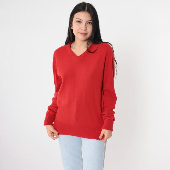 Vintage 80s Red Sweater V Neck Slouchy Hipster Plain Soft Knit Pullover 1980s Normcore Retro Medium Large M L