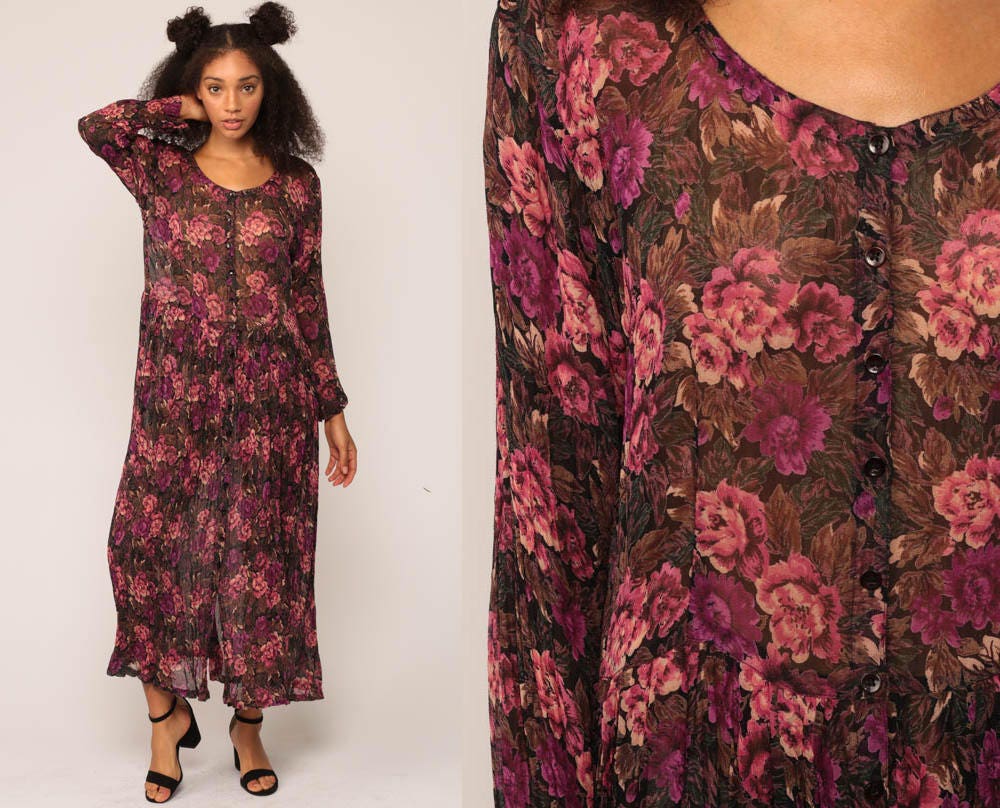 Sheer Floral Dress Button Down Maxi 90s 