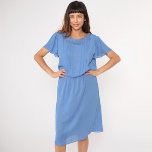 Vintage Lace Collar Dress 80s Blue Pleated Midi Dress Party Dress Boho Short Flutter Sleeve Dress High Waist Secretary Medium