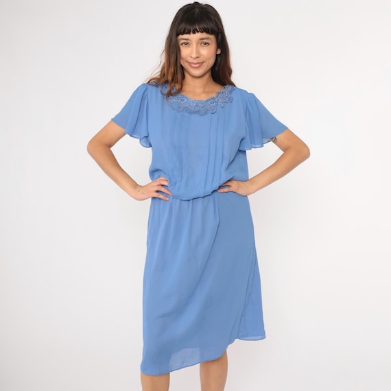 Vintage Lace Collar Dress 80s Blue Pleated Midi Dress Party Dress Boho Short Flutter Sleeve Dress High Waist Secretary Medium