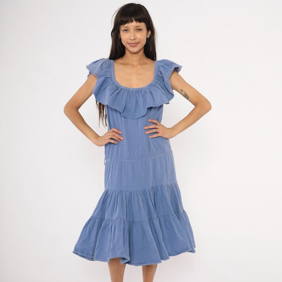 80s Periwinkle Ruffle Sundress Blue Cotton Tiered Skirt Sleeveless Prairie Peasant Summer Powder Blue Lavender Cottagecore Vintage Large L