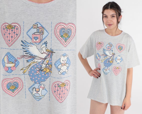 Maternity Shirt 90s Pregnancy T-Shirt Stork Flower Heart Teddy Bear Graphic Tee Mom To Be Single Stitch Heather Grey Vintage 1990s Small S