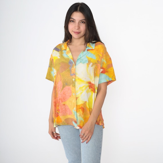00s Jams World Shirt Tropical Floral Button Up Shirt Y2K Blouse Surfer Watercolor Shirt Beach Sea Surf Top Yellow Oversized Extra Large xl