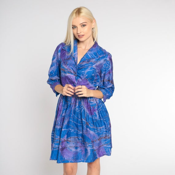 60s Mini Dress Blue Purple Silk Shirtwaist Dress … - image 4