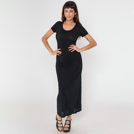 Vintage Stretchy Black Maxi Dress 90s Semi-Sheer Scoop Neck Short Sleeve Grunge Clingy Simple Basic Plain Minimalist Dress 1990s Medium M