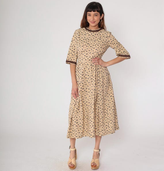 70s Prairie Dress Calico Tan Blue Floral Cotton Vintage Brown Trim Midi Cottagecore Boho Country Festival Romantic Medium M