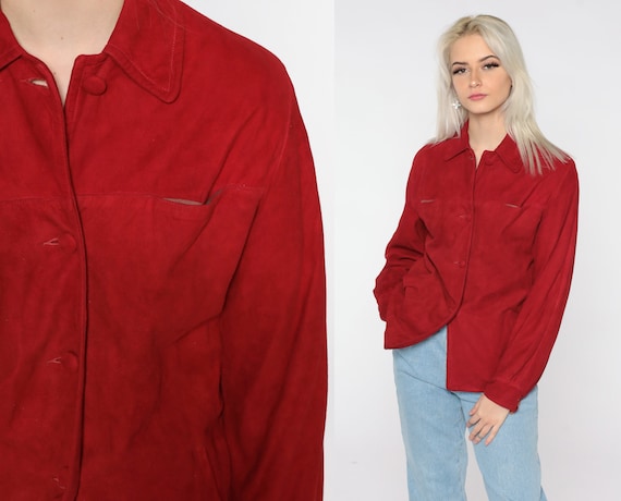 Red Suede Jacket LEATHER Jacket 80s Suede Shirt Jacket Vintage 1980s Boho Hippie Bohemian Small Medium