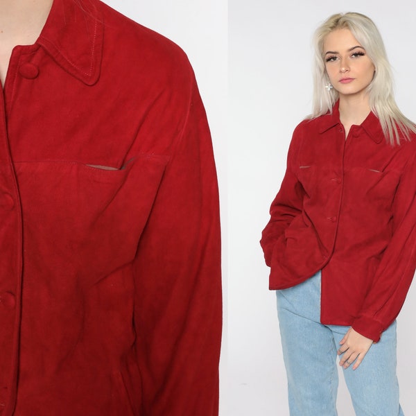 Red Suede Jacket LEATHER Jacket 80s Suede Shirt Jacket Vintage 1980s Boho Hippie Bohemian Small Medium