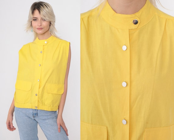 80s Utility Tank Top Bright Yellow Button Up Vest 1980s Vintage Cargo Pocket Asymmetrical Banded Collar Plain Basic Top Layering Medium M