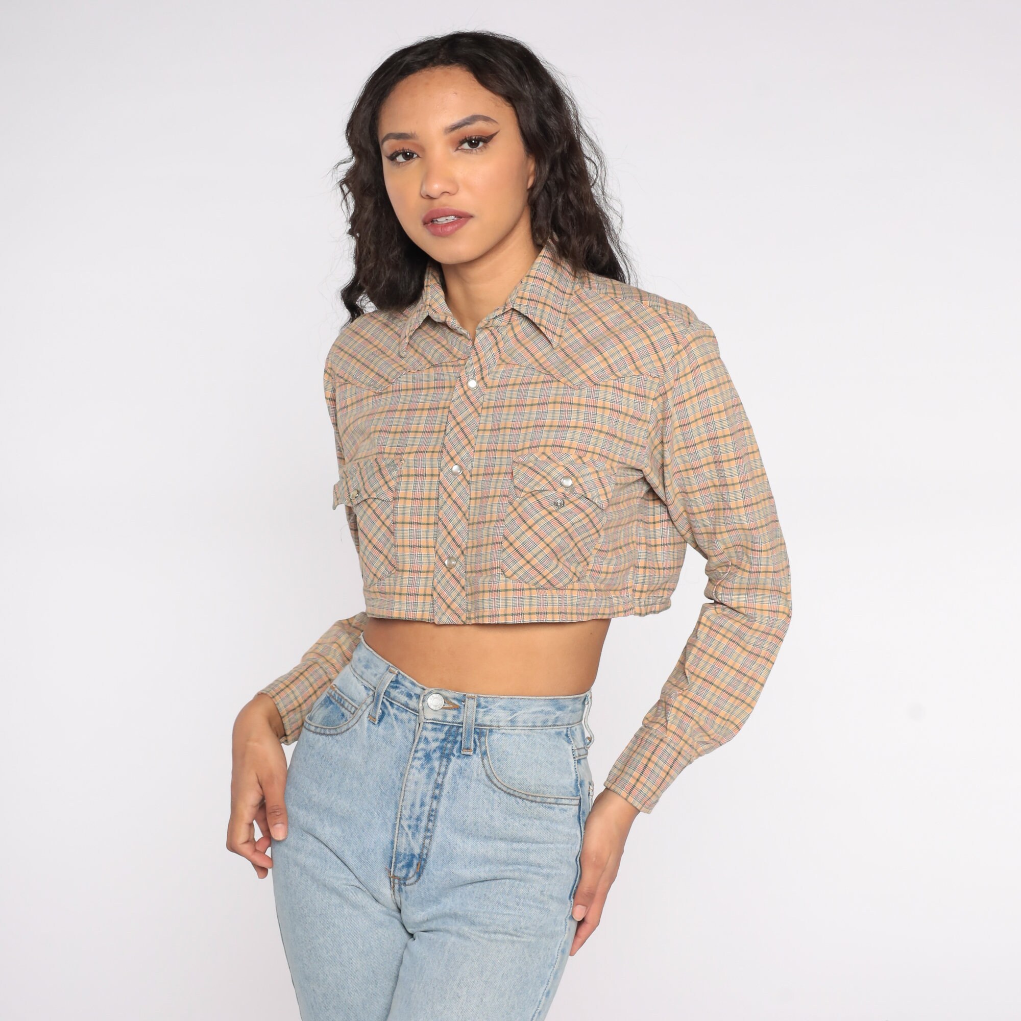 Western Crop Top 70s 80s Plaid Shirt Pearl Snap Cowboy Button Up Cropped 1970s 1980s Vintage 