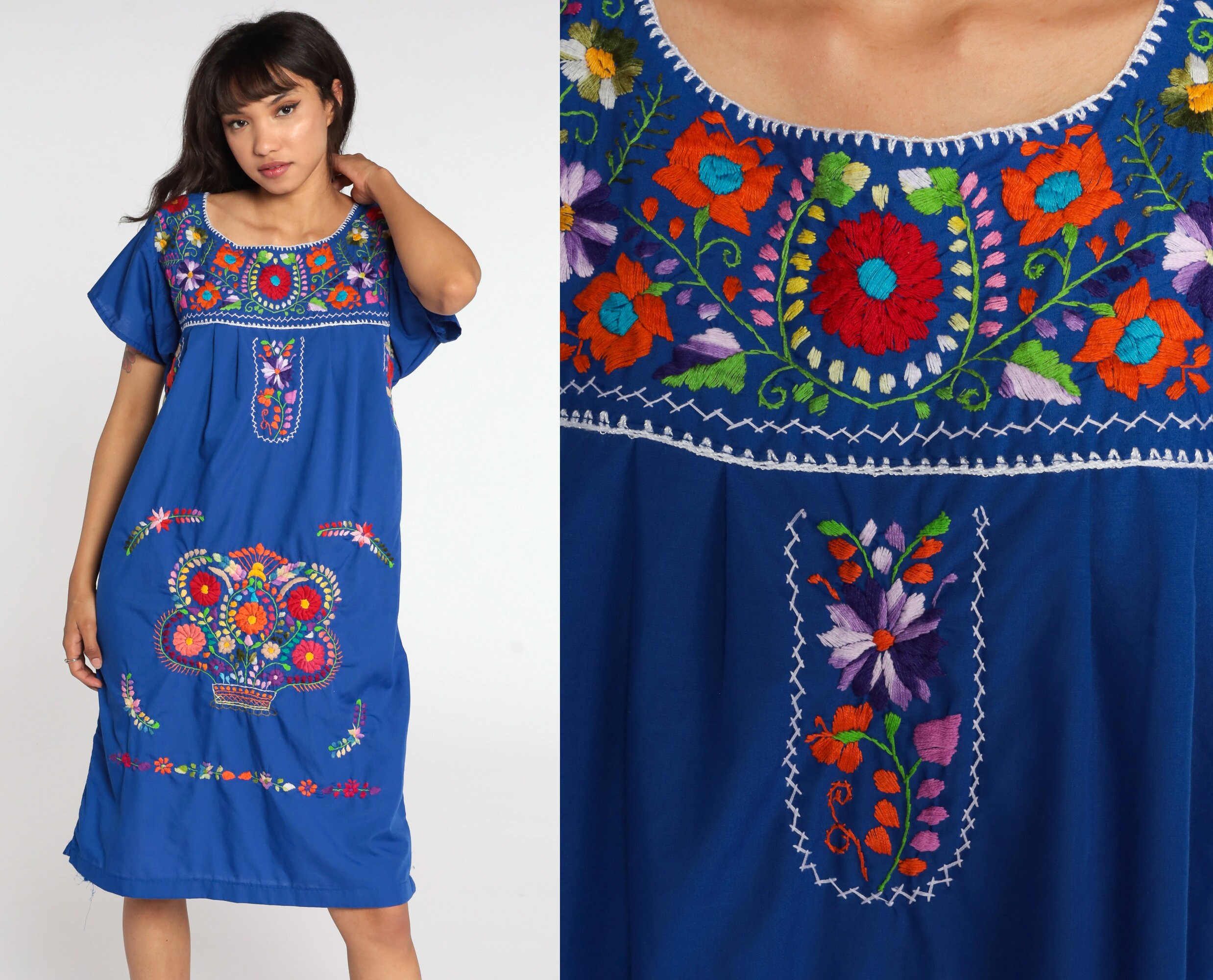 Floral mexican dress embroidered midi royal blue dress hippie  etsy Floral mexican dress embroidered midi royal blue dress hippie  etsy