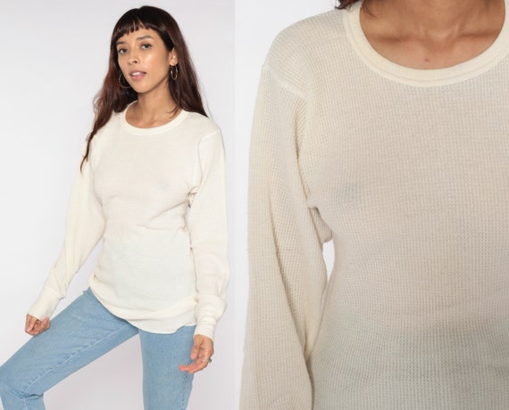 Thermal Shirt 80s Cream Long Undershirt Long Sleeve Shirt WAFFLE KNIT Shirt 1980s Grunge Tshirt Retro Tee Vintage Poly Cotton Large