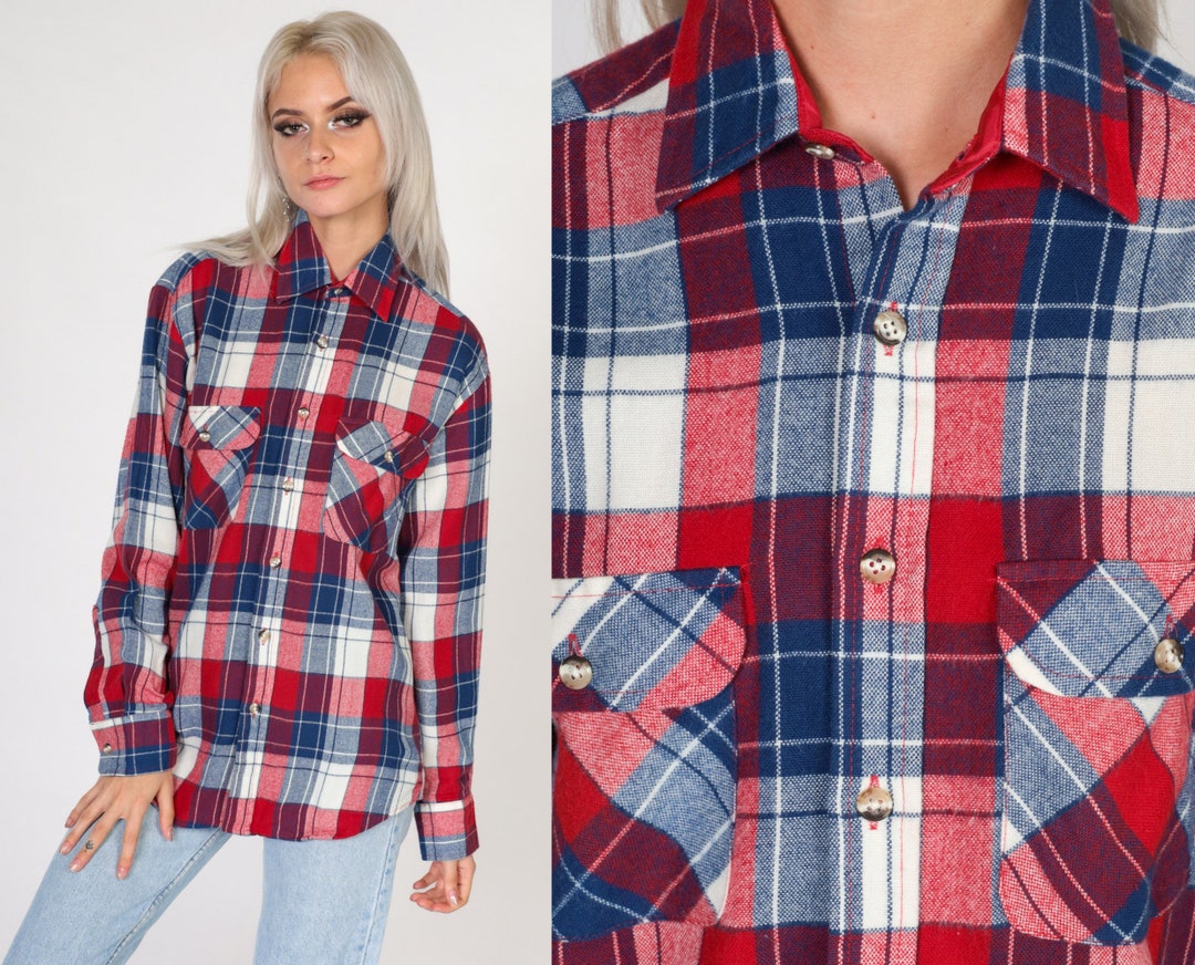 80s Flannel Shirt Plaid Button up Shirt Retro Checkered Print - Etsy