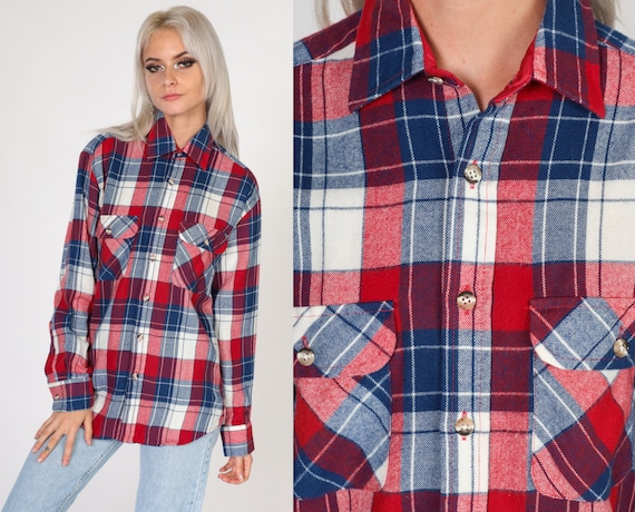 80s Flannel Shirt Plaid Button Up Shirt Retro Checkered Print Collared Long Sleeve Boyfriend Top Red White Blue Vintage 1980s Men's Small