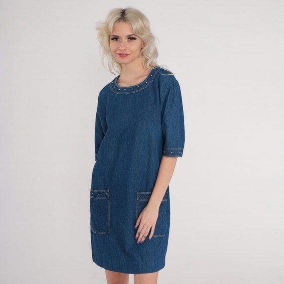 Studded Denim Dress 90s Blue Jean Mini Dress Short Sleeve Pocket Shift Dress Retro Casual Day Grunge Gold Round Studs Vintage 1990s Medium M