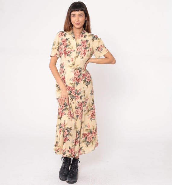 Floral Cream Dress 90s Yellow Pink Green Wrap Style V Neck Short Sleeve Prairie Vintage Summer Wedding Guest Feminine Boho Romantic Medium M
