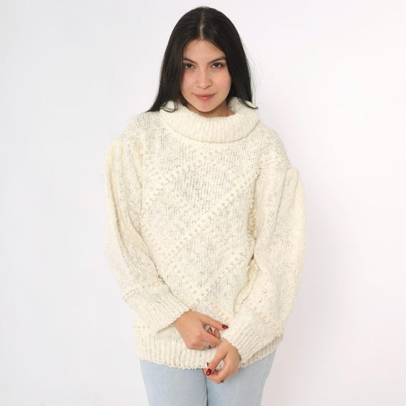 Vintage Pearl Beaded Turtleneck Sweater 80s Cream Knit Pullover Lattice Beadwork Turtle Neck Retro Evening Knitwear 1980s Acrylic Medium