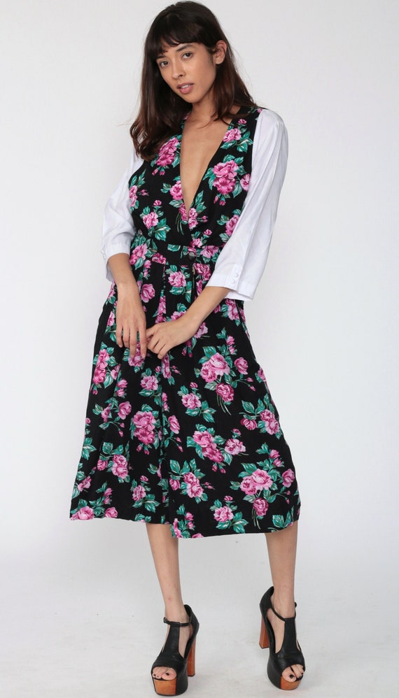 Cropped Floral Jumpsuit 90s Deep V Neck Grunge Black Wide Leg Boho Baggy Pantsuit Button Up Vintage Romper Capri Pants 1990s Small