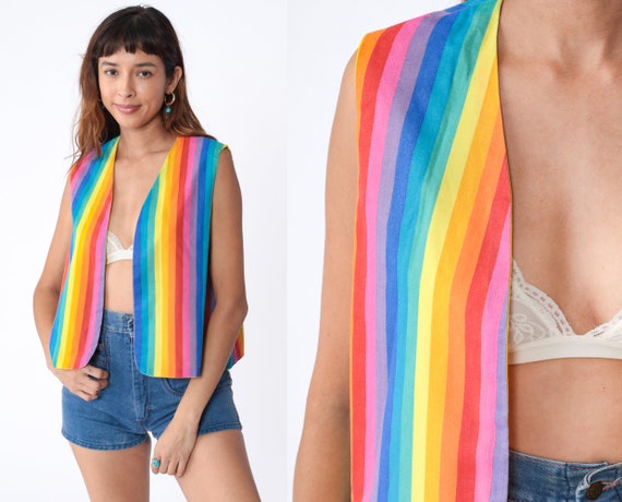 Rainbow Vest 70s Striped Open Front Vest Top Psyc… - image 1