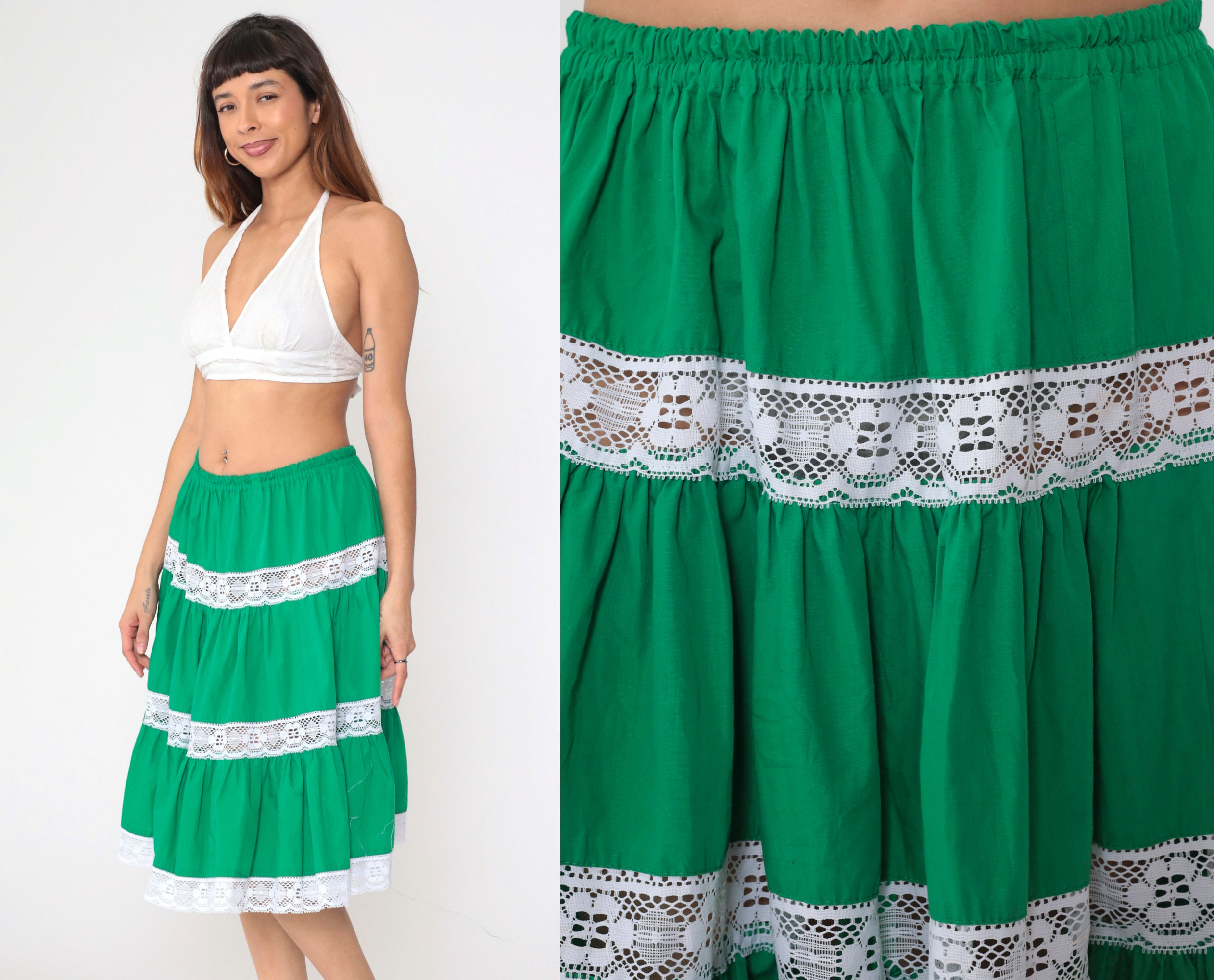 70s Peasant Skirt Green Tiered Lace Midi Skirt Square Dance High Waisted Boho Hippie Full Skirt Prairie Vintage 1970s Small Medium Large