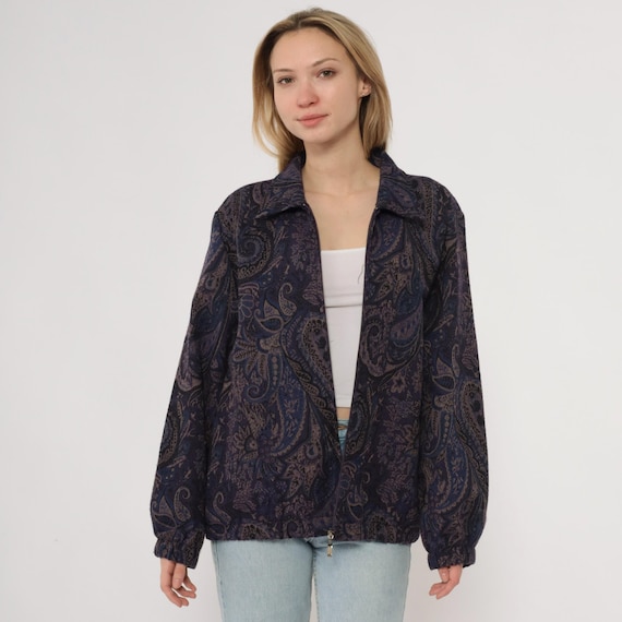 Y2K Paisley Bomber Jacket Navy Burgundy Brown Zip Front Relaxed Fit 90s Grunge Windbreaker College Casual Outerwear Hippie Vintage Medium M