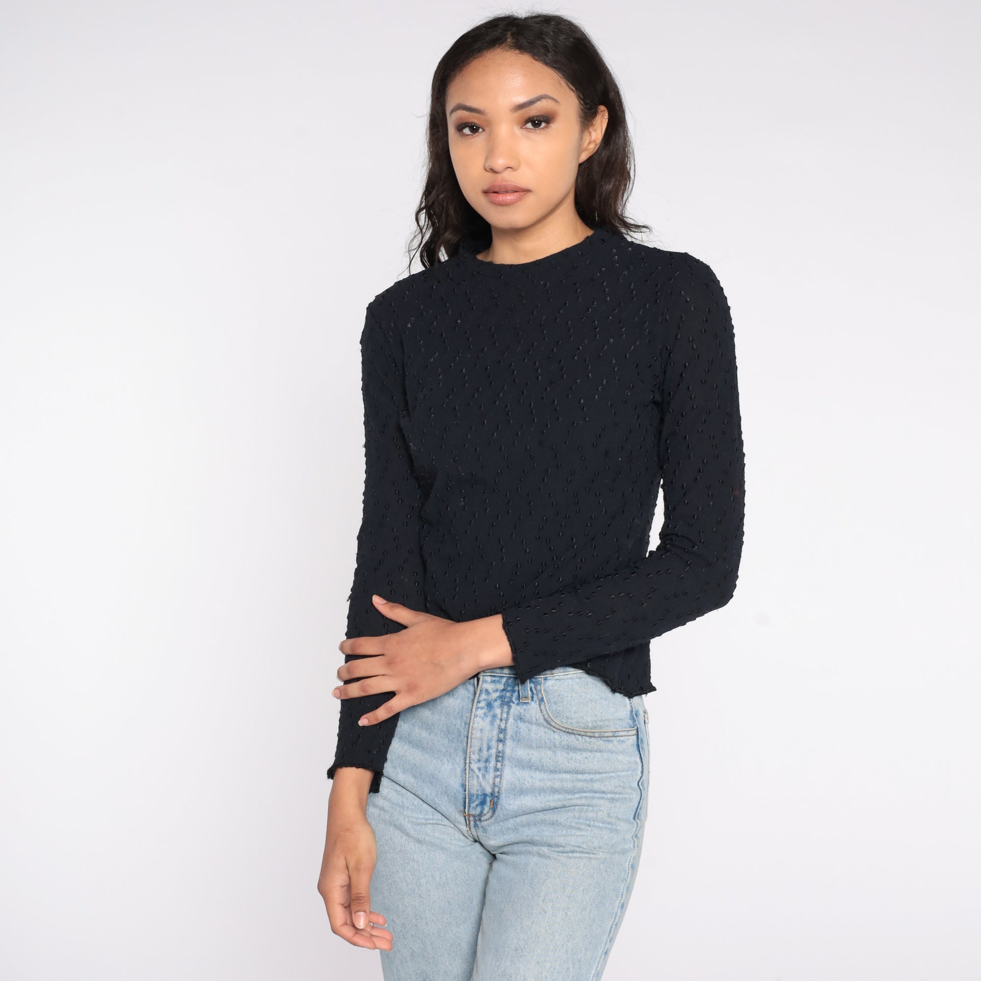 Black Embroidered Shirt 90s Semi-Sheer Y2K Long Sleeve Top High Neck Plain Top 1990s Formal 
