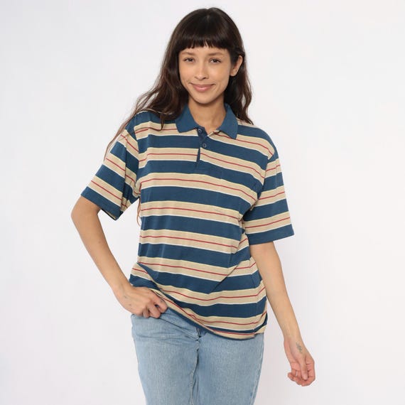 80s Striped Polo Shirt Blue Cream Red Rugby Preppy Collar Button Front Short Sleeve Unisex Vintage Nautical Sporty Athletic Casual Large L