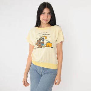 Vintage Graphic Sweatshirt Tee 80s Yellow Good Bye See You Again Cartoon Boy & Dog Cropped Distressed 1980s Worn In Pullover Extra Small xs