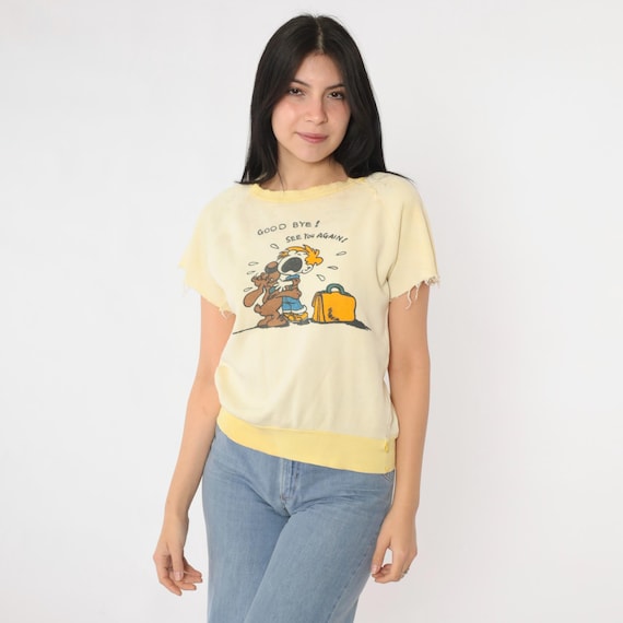Vintage Graphic Sweatshirt Tee 80s Yellow Good Bye See You Again Cartoon Boy & Dog Cropped Distressed 1980s Worn In Pullover Extra Small xs
