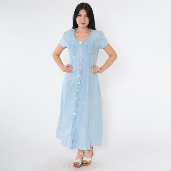 Vintage 90s Denim Dress Blue Jean Button Up Shirtdress Midi Short Sleeve Grunge Scoop Neck Shirt Dress A-Line Casual 1990s Small S