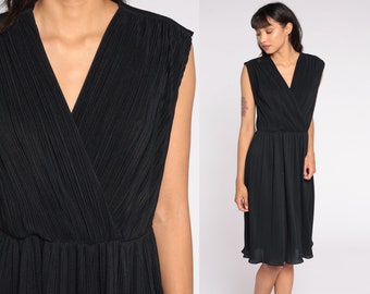 Black Wrap Dress Disco Party Grecian 70s Boho Midi Deep V Neck Dress High Waist Vintage Sleeveless Bohemian Drape Medium