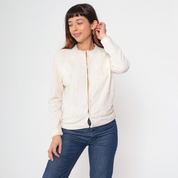 70s Cardigan Cream Wool Sweater Floral Beaded Pearl Button up Sweater Retro Preppy Girly Secretary Formal Vintage 1970s Small S