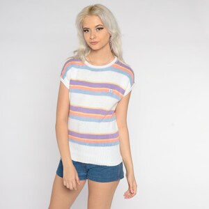Vintage Striped Knit Shirt 80s White Sweater Top Cap Short Sleeve Crewneck Ringer Shirt Preppy Boho Retro Swan Normcore 1980s Cotton Small S