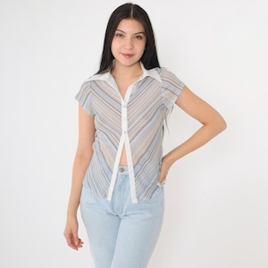 Vintage Y2K Chevron Stripe Top Blue White Semi Sheer Cap Sleeve Button Up Shirt Collared Split Front See Through Boho Hippie Extra Small xs
