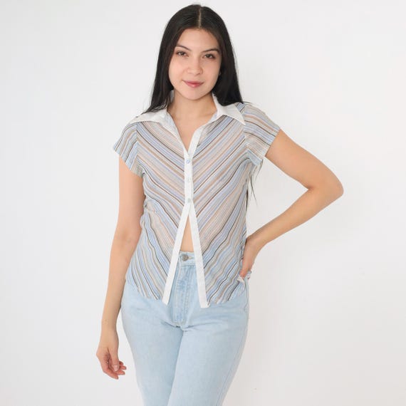 Vintage Y2K Chevron Stripe Top Blue White Semi Sheer Cap Sleeve Button Up Shirt Collared Split Front See Through Boho Hippie Extra Small xs