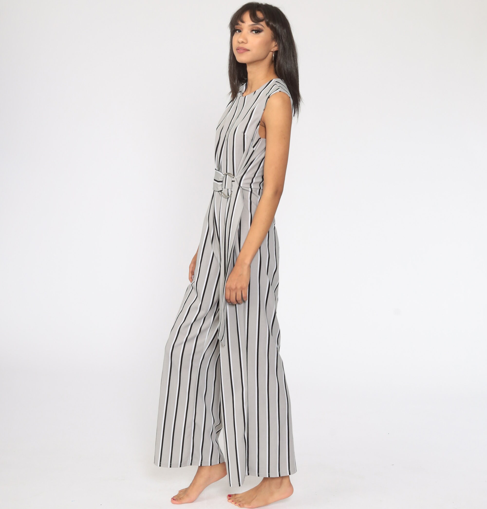 Wide Leg Jumpsuit 90s Grey Striped Pantsuit TROUSER Sleeveless Jumpsuit