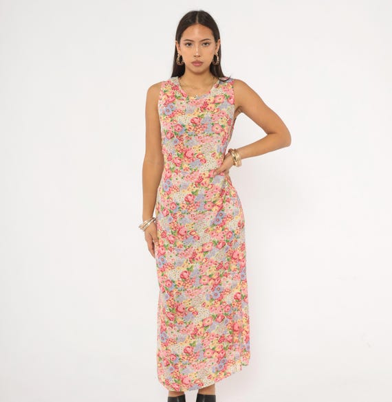90s Floral Maxi Dress Pink Lavender Garden Print Tie Back Waist Ankle Length Summer Prairie Cottagecore Pastel Rose Yellow Green Small S